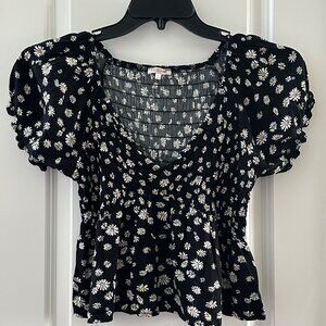 Lottie Moss Black Daisy Print Smocked Puff Sleeve Top M